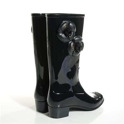 CHANEL Rubber Camellia Rain Boots 38 Black 